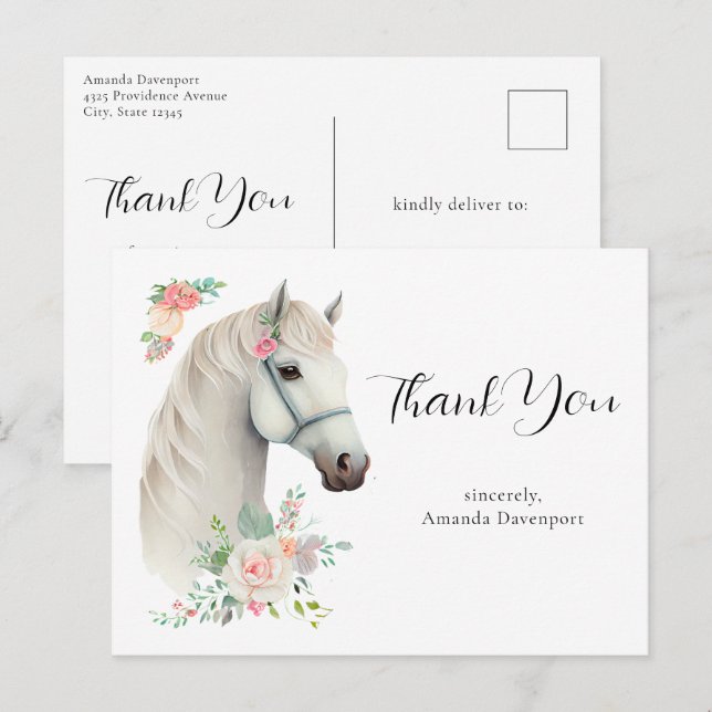 Carte Postale Cheval Blanc Élégant Bohème Floral Merci (Devant / Derrière)