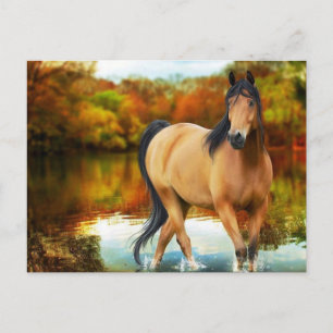 Carte Postale cheval brun, fleurs, arbre