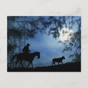 Carte Postale Cheval Cowboy et Steer avec Pleine lune hiver