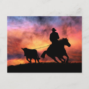 Carte Postale Cheval Cowboy et Steer Roping au coucher du soleil