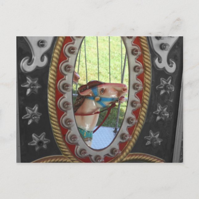 Carte Postale Cheval De Carrousel En Miroir Blanc Noir (Devant)