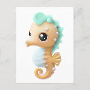 Carte Postale Cheval de mer bébé mignon en Turquoise et blanc