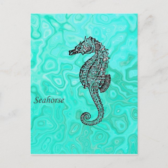 Carte Postale Cheval de mer sur Aqua Splash Motif en marbre Turq (Devant)