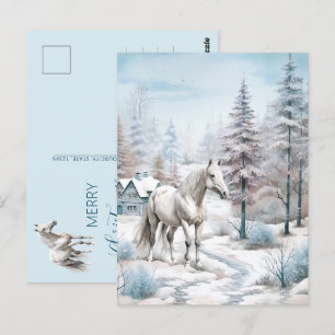 Carte Postale Cheval hiver scène neige forêt Noël
