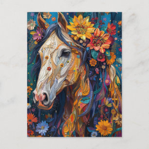 Carte Postale Cheval Magnifique Aux Fleurs Colorées