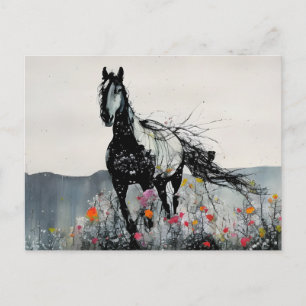 Carte Postale Cheval noir en Fleur sauvage