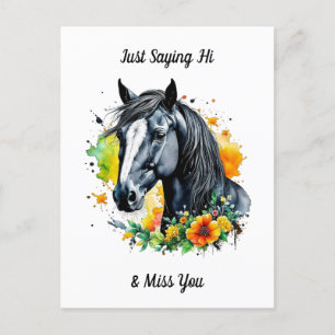 Carte Postale Cheval noir entouré de fleurs jaunes Salut