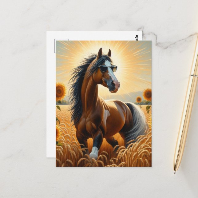 Carte Postale Cheval Pinto de Bay en lunettes de soleil (Devant/Arrière en situation)