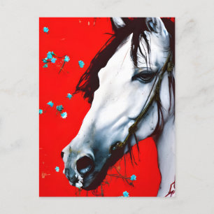 Carte Postale Cheval REd Arrière - plan Fleurs bleues