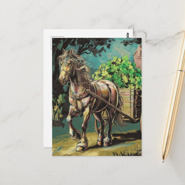 Carte Postale Cheval tirant un panier plein de Shamrocks (Devant/Arrière en situation)