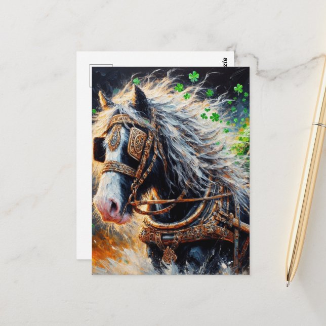 Carte Postale Cheval tirant une charge de Shamrocks (Devant/Arrière en situation)