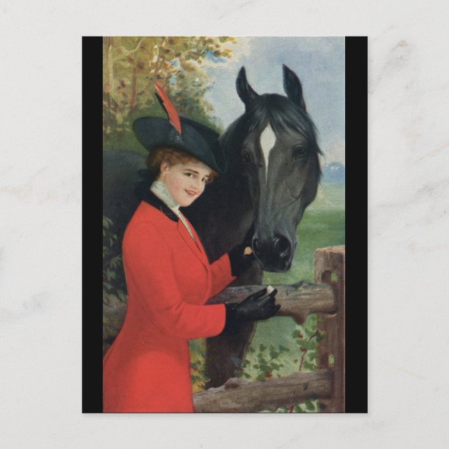 Carte Postale Cheval vintage Girl Rouge Manteau équestre sucre C (Devant)
