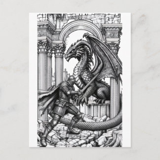 Carte Postale Chevalier épique vs Fantasy Dragon