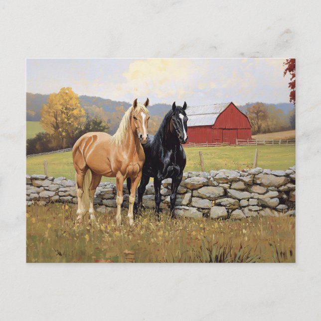 Carte Postale Chevaux en campagne Ferme rustique (Devant)