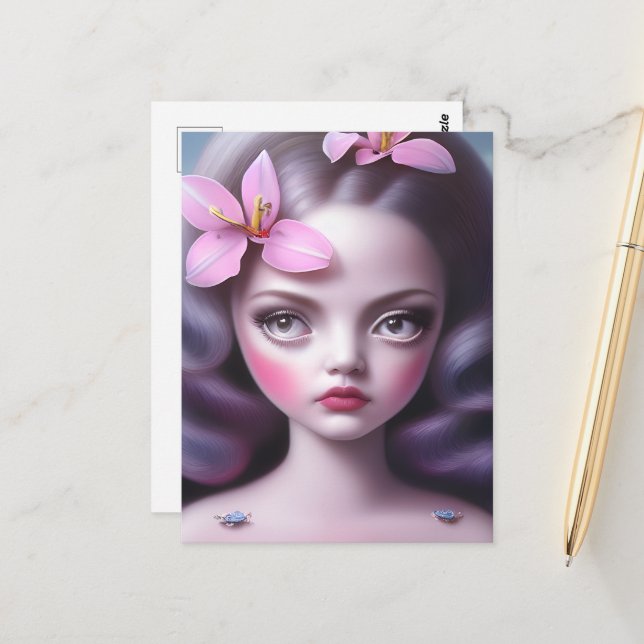 Carte Postale Cheveux lavande et Fleurs roses fille (Devant/Arrière en situation)