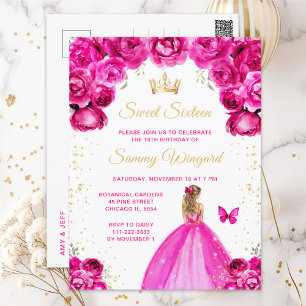 Carte Postale Cheveux rose chaud Sweet sixteen princesse 