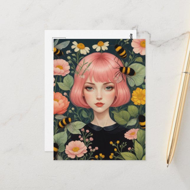 Carte Postale Cheveux roses Abeilles et fleurs de miel (Devant/Arrière en situation)