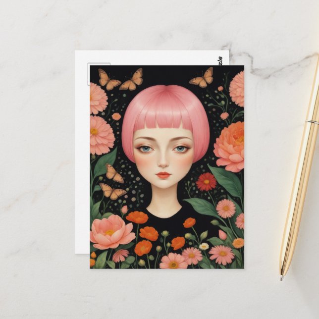 Carte Postale Cheveux roses et fleurs (Devant/Arrière en situation)