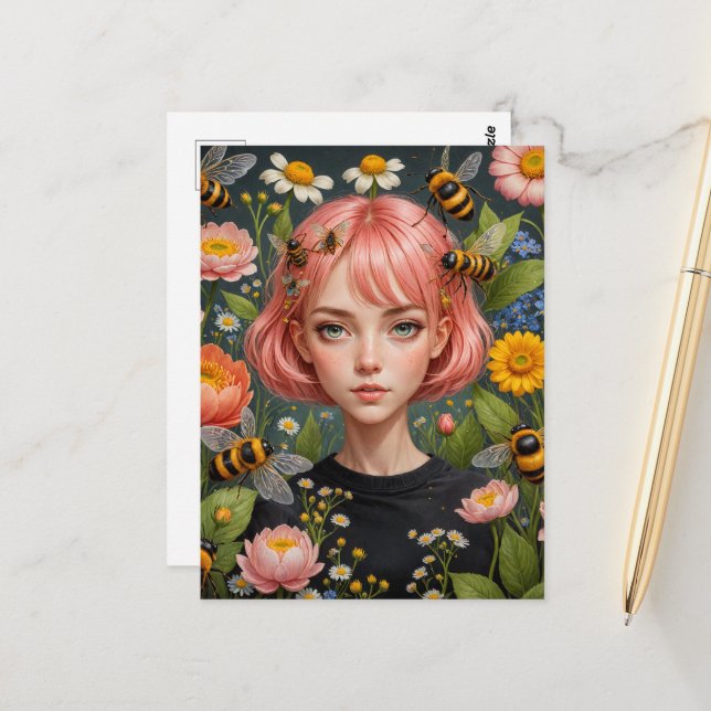 Carte Postale Cheveux roses et fleurs aux abeilles (Devant/Arrière en situation)