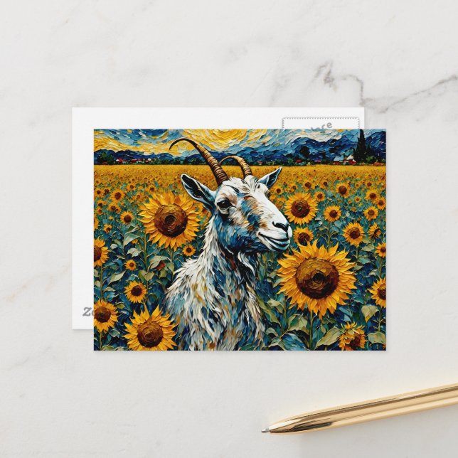 Carte Postale Chèvre adorable dans un champ de tournesol (Devant/Arrière en situation)