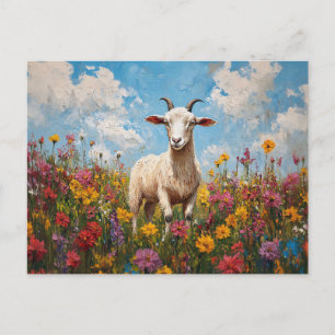 Carte Postale Chèvre dans un champ Fleur sauvage peinture