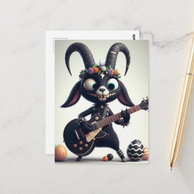 Carte Postale Chèvre Noire Jouant Guitare Joyeux Pâques (Devant/Arrière en situation)