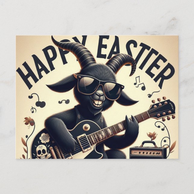 Carte Postale Chèvre Noire Jouant Guitare Joyeux Pâques (Devant)
