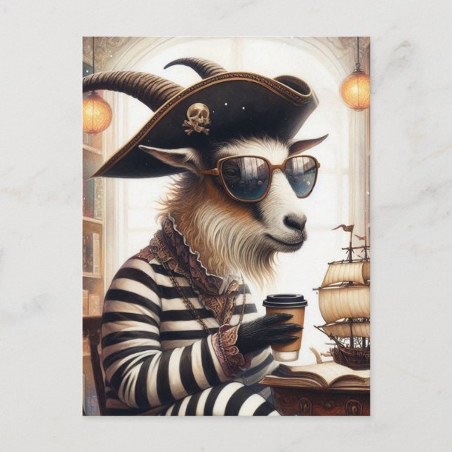 Carte Postale Chèvre pirate boire du café (Devant)