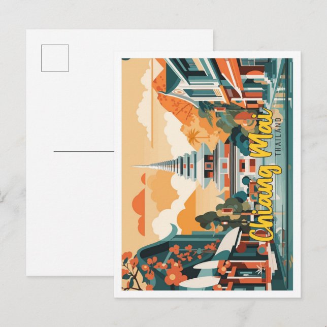 Carte Postale Chiang Mai Thaïlande Pop Art Voyage Illustration (Devant / Derrière)