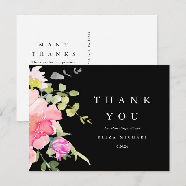 Carte Postale Chic Aquarelle Baby shower Floral Merci noir (Devant / Derrière)