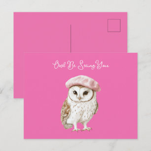 Carte Postale Chic Béret Rose Marron Blanc Hibou À Vous Revoir