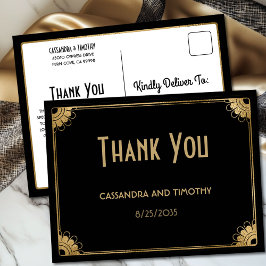 Carte Postale Chic Black Gold Art Déco Vintage Wedding Merci