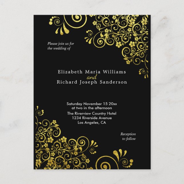 Carte Postale Chic Black Gold Faire-part de mariage RSVP l site (Devant)
