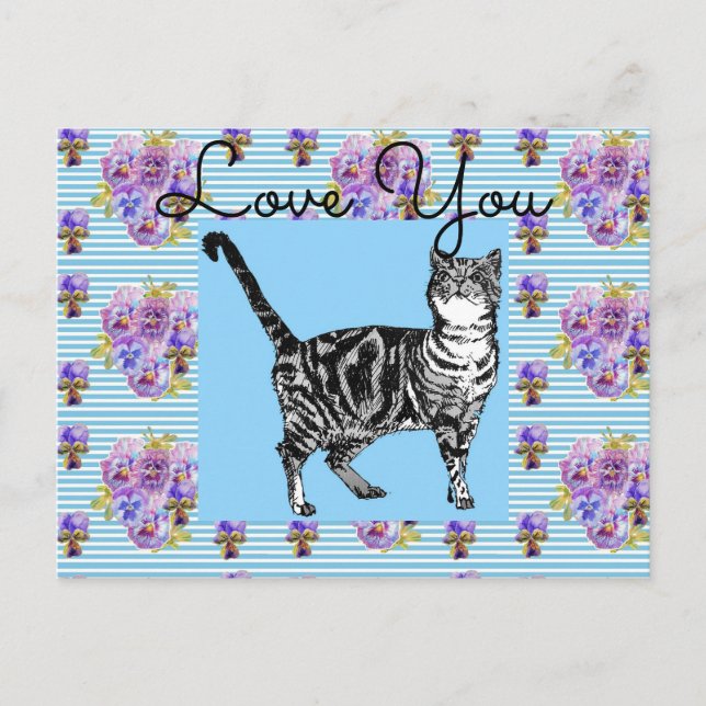 Carte Postale Chic Bleu Shabby Tabby Chat Amour Coeur (Devant)