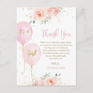 Carte Postale Chic Blush Floral Balloons Baby shower Merci