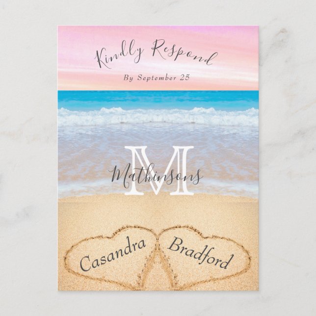 Carte Postale Chic Dusty Blue Hearts Sand Beach Wedding RSVP (Devant)