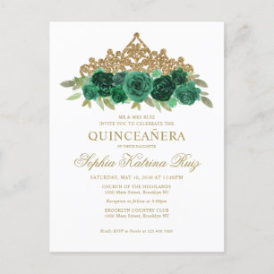 Carte Postale Chic Floral Emerald Green Gold Tiara Quinceañera