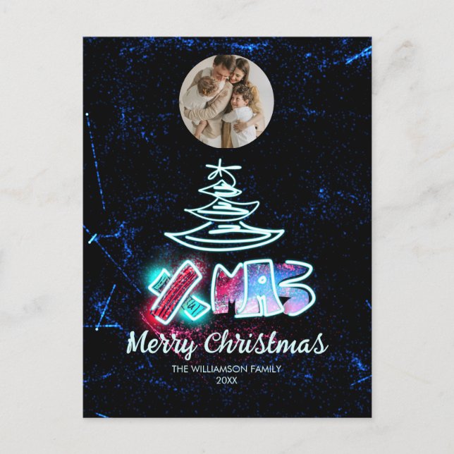 Carte Postale Chic glamour Noël Bleu et Rouge Arbre brillant Pho (Devant)