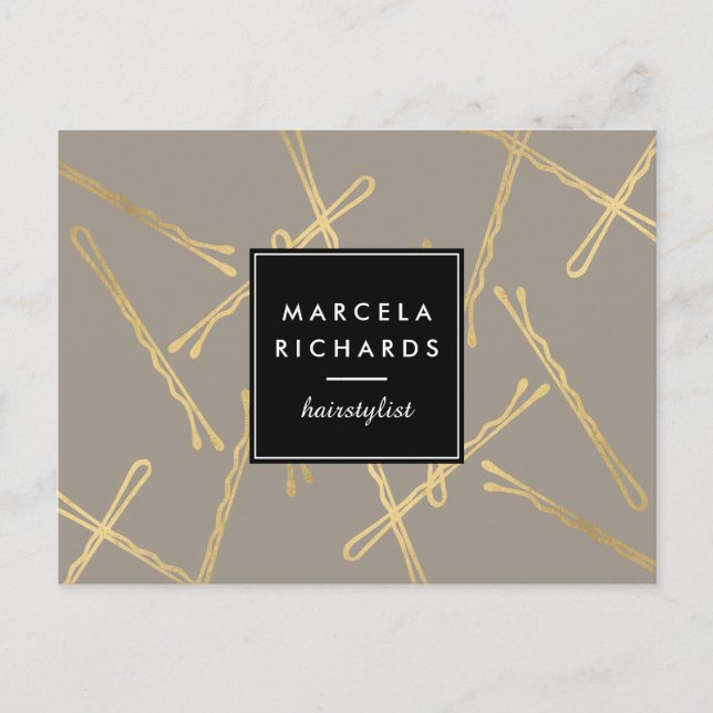 Carte Postale Chic Gold Bobby Pins Coiffeur Styliste Salon Grey (Devant)
