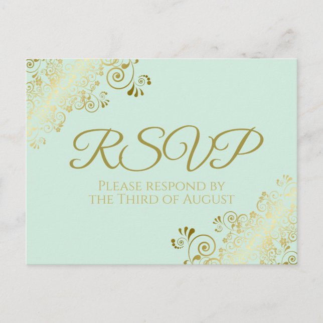 Carte Postale Chic Gold Frills sur Neo Mint Green Wedding RSVP (Devant)