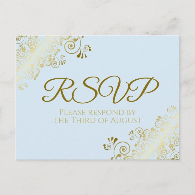 Carte Postale Chic Gold Frills sur Poudre Blue Wedding RSVP (Devant)