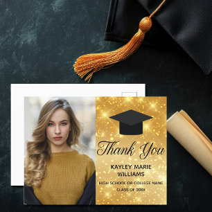 Carte Postale Chic Gold Sparkle Graduation Photo 2023 Merci