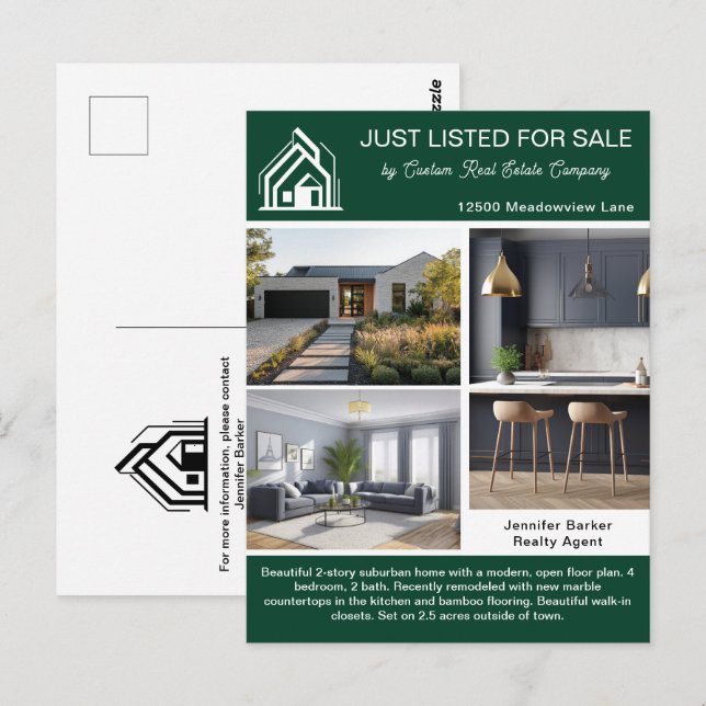 Carte Postale Chic Green Real Estate Company Home Listing (Devant / Derrière)