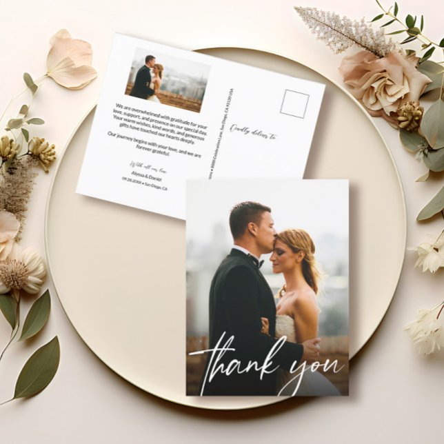 Carte Postale Chic handlettering photo mariage merci (Elegant and chic photo wedding thank you postcards.)
