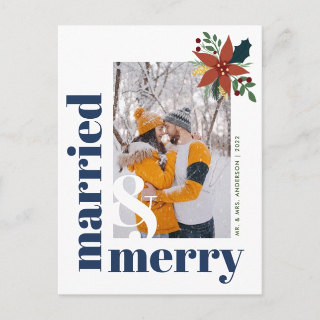 Carte Postale Chic Marié et Joyeux Photo Noël Poinsettia (Devant)