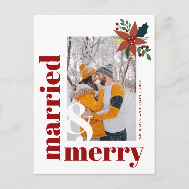 Carte Postale Chic Marié et Joyeux Photo Noël Poinsettia (Devant)
