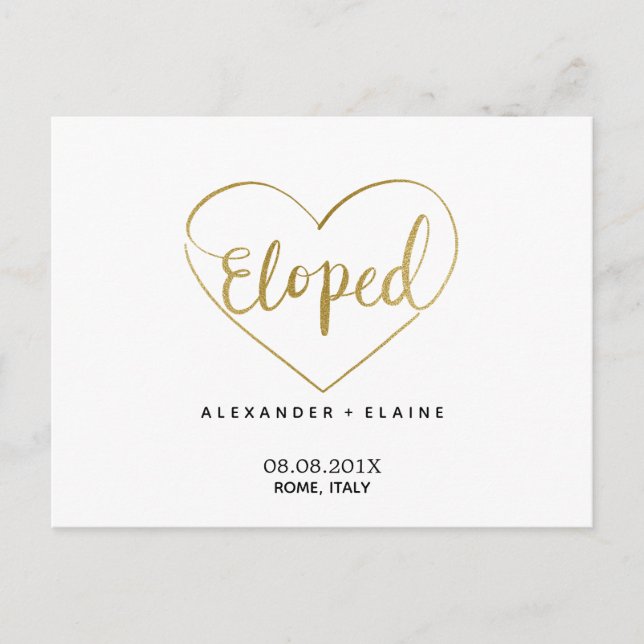 Carte Postale Chic moderne Gold Heart Elopement Mariage Mariage (Devant)