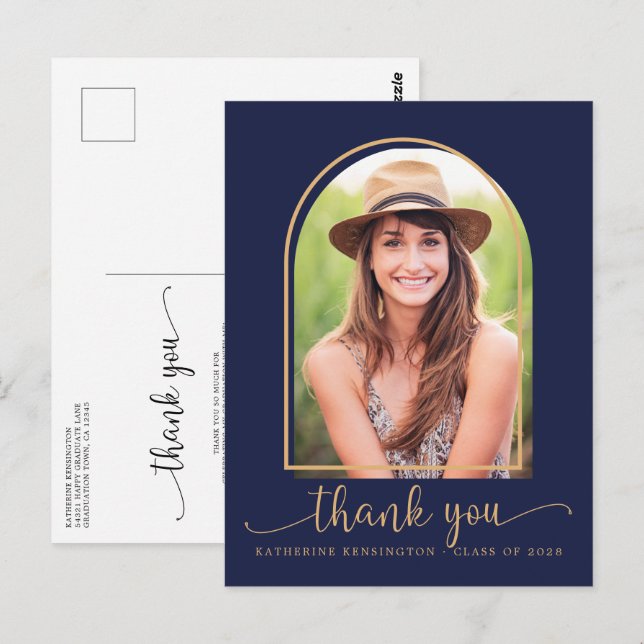 Carte Postale Chic Navy Blue Gold Merci de graduation photo (Devant / Derrière)