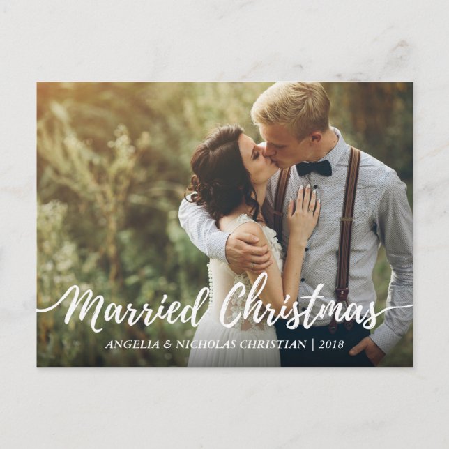 Carte Postale Chic Newlyweds mariés Typographie de Noël Photo (Devant)