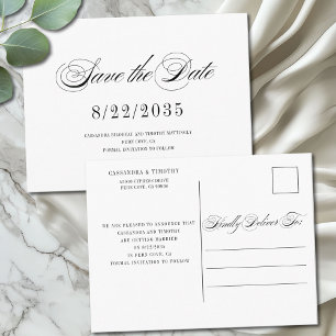 Carte Postale Chic Noir Blanc Script Mariage Enregistrer la date